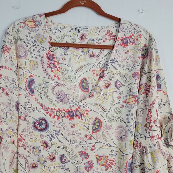 Rose + Olive floral long tie sleeve v-neck top size 3X multicolor boho - Picture 2 of 12